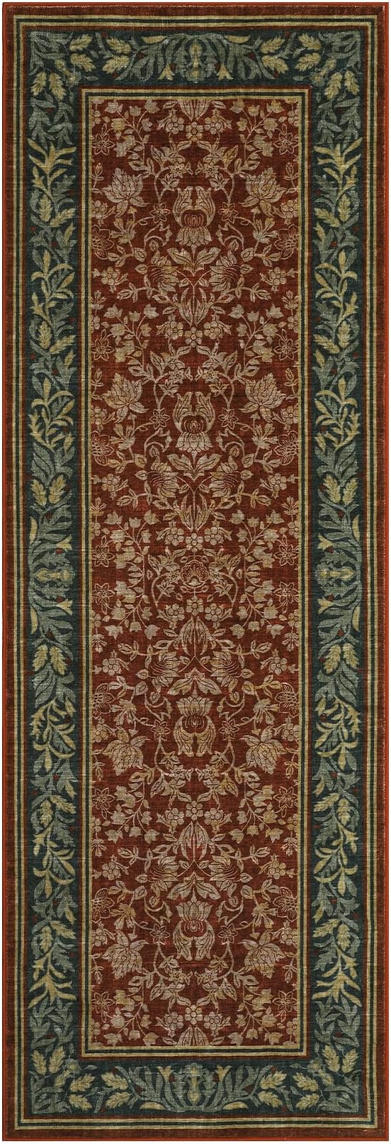 GarveeHome Washable 2.5x10 Hallway Runner Rug Non Slip Kitchen Rugs, Red | Boho Vintage Runner Rugs with Rubber Backing Soft Low-Pile Stain Resistant Indoor Long Carpet for Entryway Bedroom Laundry