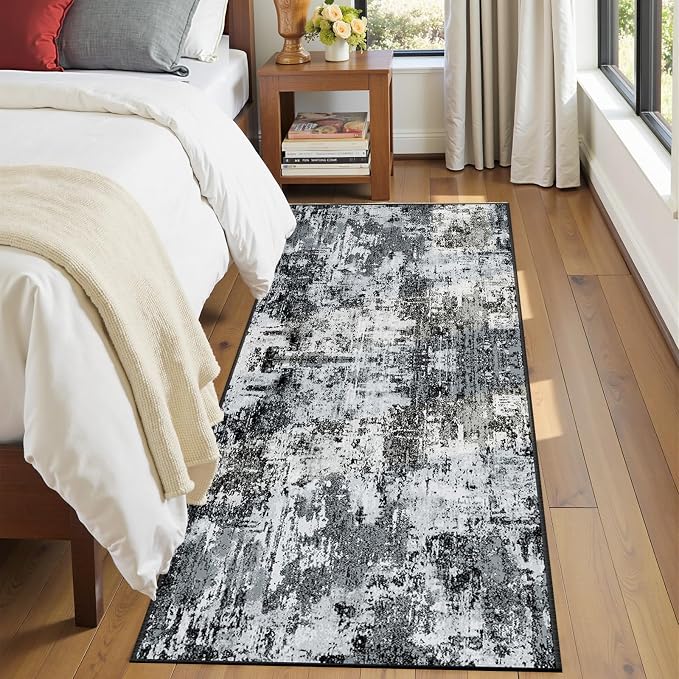 RELEANY Washable Runner 2'x8' Abstract Area Rug for Hallway Black White | Carpet for Kitchen, Entryway, Bathroom, Living Room, Bedroom, Printed Pattern, Non‑Slip, Soft, Stain‑Resistant, Easy to Clean