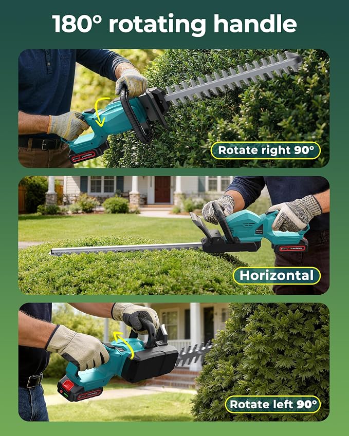 22'' Cordless Hedge Trimmer with 2 Rechargeable Batteries & Charger, 3000RPM Brushless Electric Handheld Bush Clipper, 180° Rotatable Head, 2/3'' Blade Gap, Gardening Gifts for Father’s Day