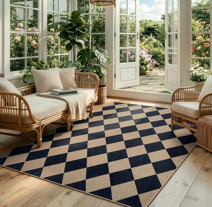 Lahome Checkered Easy Jute 5x7 Area Rugs, Washable Outdoor Patio Rug for Living Room Diamond Indoor Outdoor Carpet, Farmhouse Geometric Non Slip Black Carpet for Backyard Dining Room