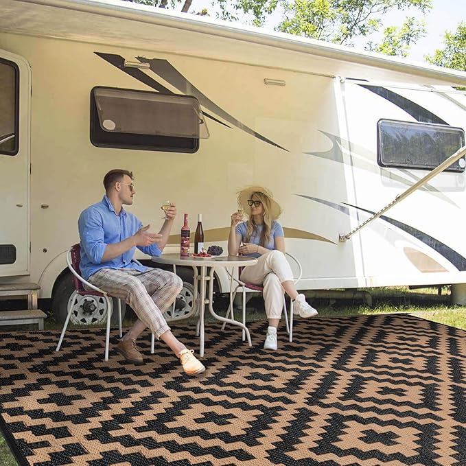 Outdoor Patio Plastic Straw Rug - 9x18 ft Outdoor Camping Rug Waterproof Reversible, Area Carpet Patios RV, Outside Porch Balcony Deck for Camper, Black & Brown