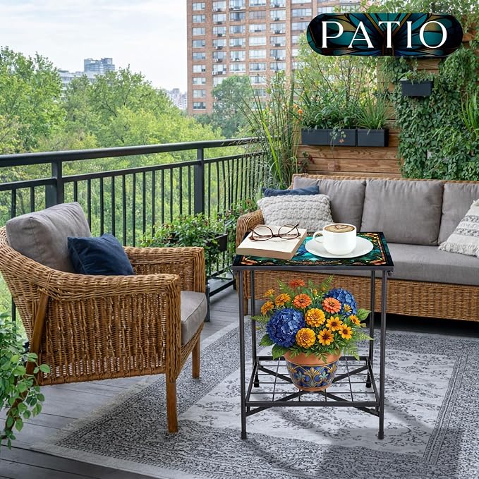 Cinnvoice Outdoor Side Table 2-Tier Storage Square Small Mosaic Patio Accent Indoor End Plant Coffee Tea Table for Yard Patio Porch Garden Living Room, Bedroom(Butterfly Style)