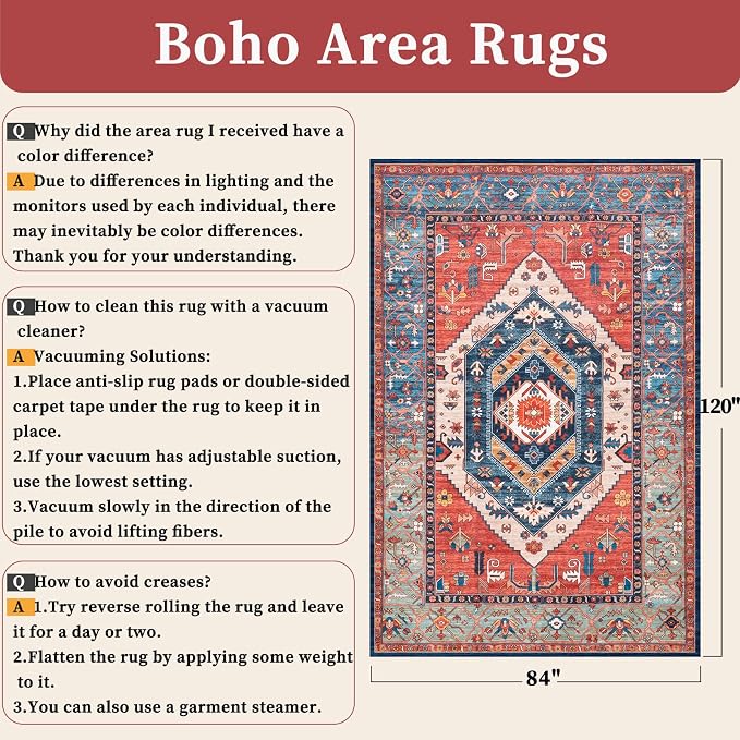 SERISSA 7x10 Washable Non Slip Boho Area Rug for Living Room，Rust | Ultra Soft Vintage Oriental Carpet Low-Pile Distressed Tribal Floor Carpet for Dining Room Bedroom Dorm Office Home Decor