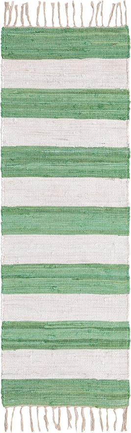 Unique Loom Chindi Rag Collection Area Rug - Striped (2' 2" x 6' 1" Runner, Green and Ivory)