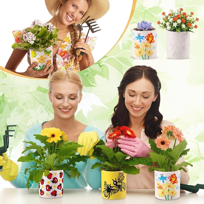 Zubebe 12 Pcs Paint Your Own Ceramic Pots Bulk Unfinished Succulent Pots Craft Kit with Drainage Hole Mini Paintable Plant Vase Ready to Paint Planter for Cactus DIY Craft (Insect)