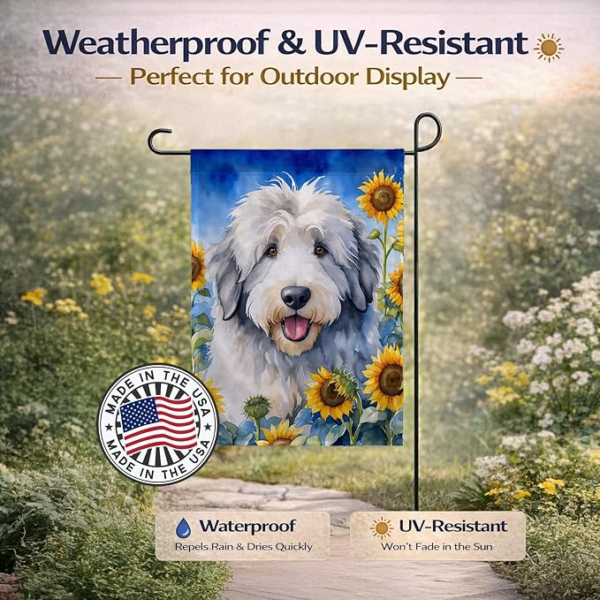 Caroline's Treasures DAC6129GF Old English Sheepdog in Sunflowers Garden Flag Mailbox Flag Decorative Yard Flag Banner Outside Patio Artwork Yard Flower Beds, Garden Size, Multicolor