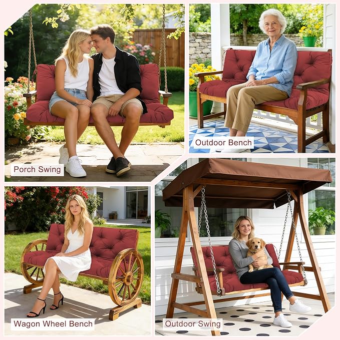 Porch Swing Cushions 2 Seater Replacement Thicken 5" Waterproof Swing Cushions for Outdoor Furniture Bench Patio Swing Cushion with Backrest & Ties(Wine Red 48x40x5inch)