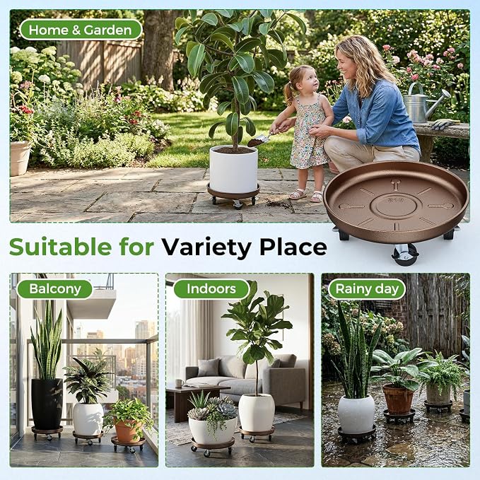 Plant Saucer 16" Rolling Plant Caddy Rolling Plant Stand with Wheels – Heavy Duty Metal, Locking, Sturdy, Rust-Resistant Finish, and Easy to Move, 420 lb Capacity, 2 Pack