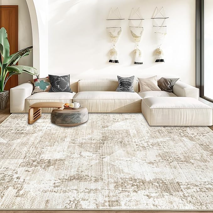 Area Rug Living Room Rugs 8x10 - Large Soft Boho Geometric Rug, Non-Slip Foldable Washable Rugs Non Shedding Morden Indoor Floor Carpet for Living Bedroom Office Dining Room(Neutral Beige, 8'x10')