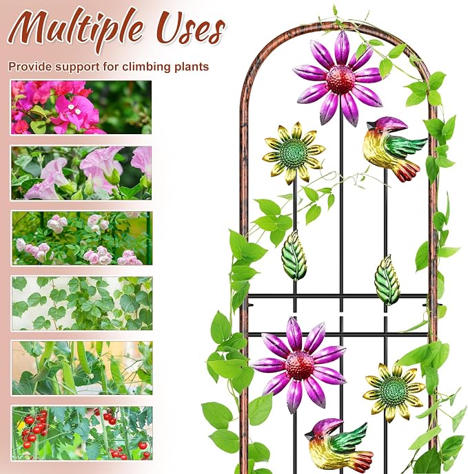 Metal GardenTrellis, Arched Fence Trellis Plant Support Trellises, Supporting Plants Outdoor Decoration for Climbing Plants Lawn Yard Patio Backyard Wall Brackets (Bird+Pink Flower)