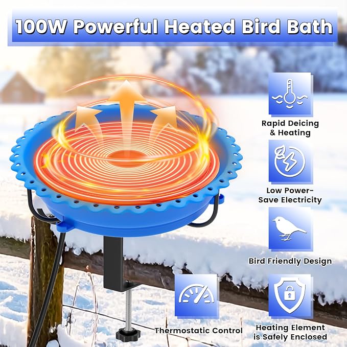 Heated Bird Bath for Outdoors, Upgraded 100W Thermostatically Controlled Heated Bird Baths for Deck Railing Large Capacity Heated Birdbath for Outside Winter Garden Yard Patio Lawn (Blue)