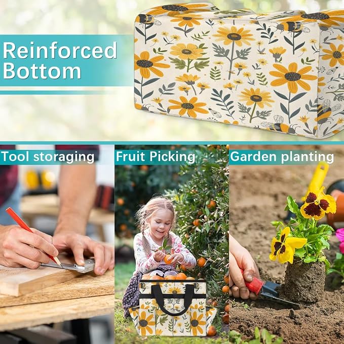 Bee Flower Garden Tool Bag for Women Waterproof & Reusable Heavy Duty Gardening Tote Storage Organizer Toiletry Bag with 10 Pockets for Garden Lawn Yard Casual Camp