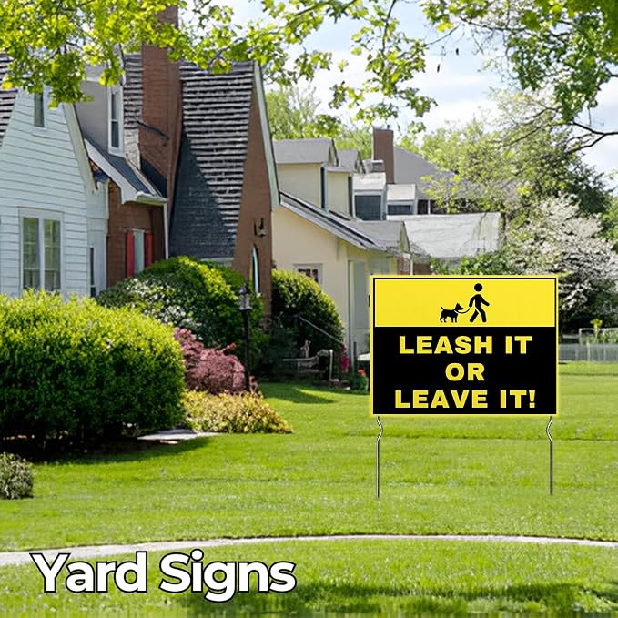 Leash It or Leave It! Yard Sign by DC | 24"x18" Double Sided Pets Garden Sign with 13” Metal Stakes | Outdoor Signs Waterproof for Lawn, Patio, Sidewalk & House | Set of 4 | Made in USA