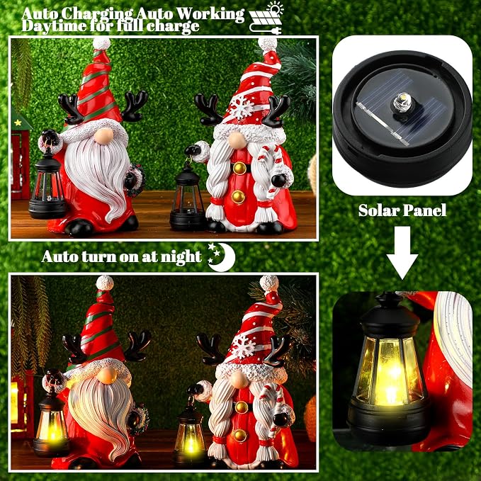 Suzile 2 Pack 9.4 Inch Gnome Statue Christmas Garden Decor with Solar Lights Resin Outdoor Christmas Decoration Figurine with LED Lantern Outside for Courtyard Lawn Patio Porch Housewarming Gift