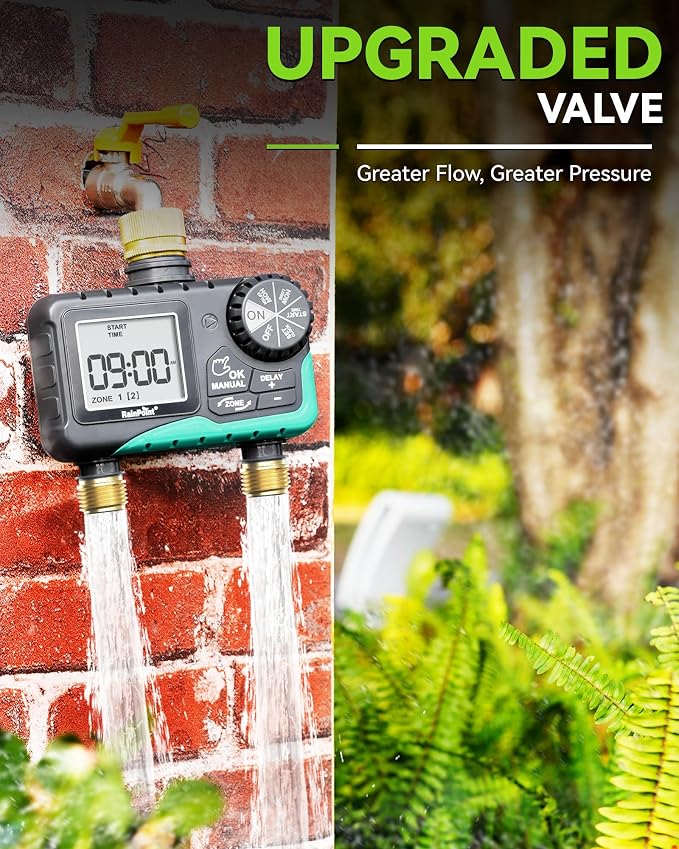 RAINPOINT 2 Zone Sprinkler Timer with Brass Inlet and Outlet - Water Timer for Garden Hose with Rain Delay/Manual Watering/Automatic Irrigation Controller for Yard(Blue Green)