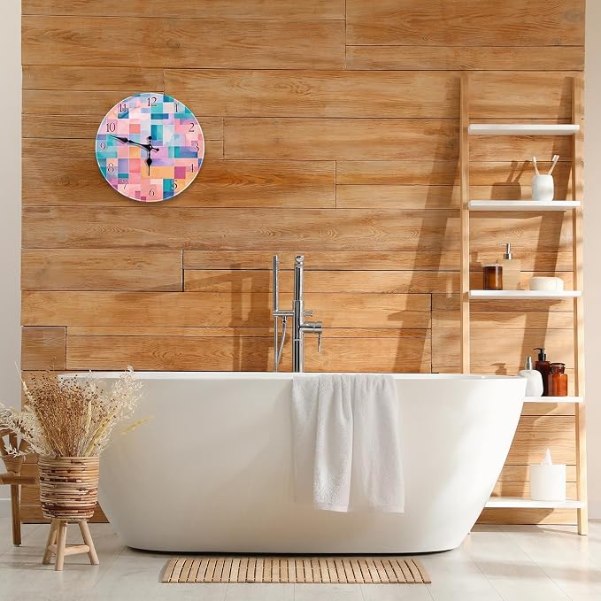 Britimes Round Wall Clock Silent Non-Ticking Battery Operated Outdoor Waterproof Glass Clock 12 Inch, Abstract Geometry Home Decor for Living Room, Kitchen, Bathroom, Bedroom, and Office