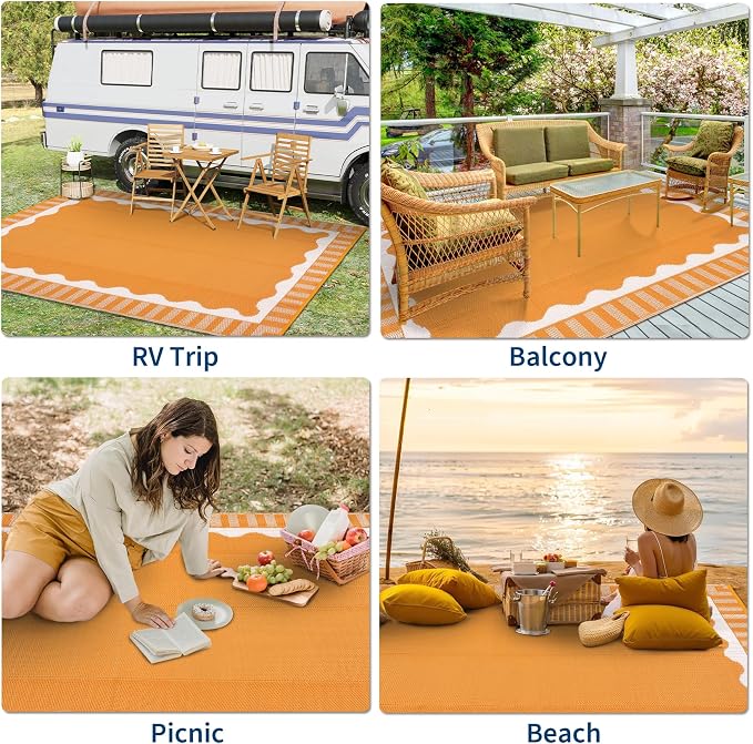 Garvee Large Waterproof Outdoor Rug 9x12 Outdoor Patio Rug, Modern Scalloped Reversible Plastic Straw Camping Rugs, Bordered Outside Carpet for Picnic Backyard Deck Balcony Trailer, Orange