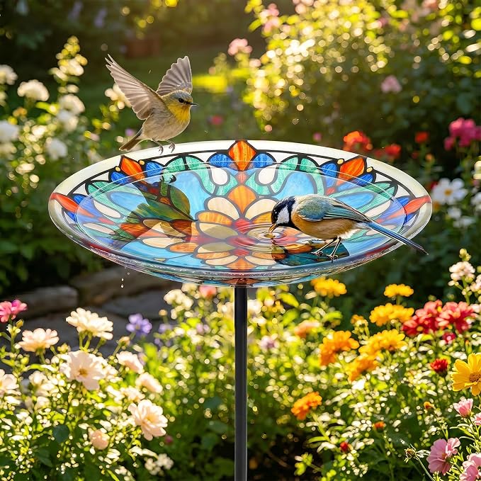 MUMTOP Bird Baths for Outdoors, Glass Birdbath Birdfeeder Bowl with Metal Stake for Outside Garden Yard Lawn Tiffany Style Decor