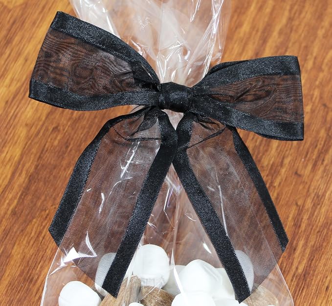 Black Pre-Tied Organza Bows with Twist Ties. Pack of 12 Satin-Edged Fabric Bows Made of 1-1/2" Ribbon. Bow Measures 4" Wide (12, Black)