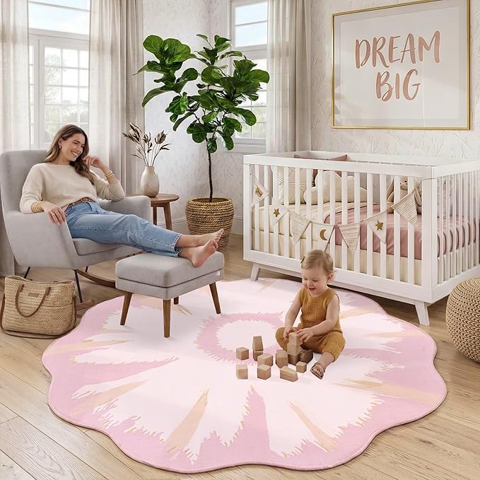 Latte&Fog 6ft Pink Round Area Rug for Girl Bedroom Washable Cute Circle Rug | Non Slip Low Pile Soft Floral Indoor Carpet for Living Room Kids Playroom Nursery Classroom Dorm Decor Dining Kitchen Office
