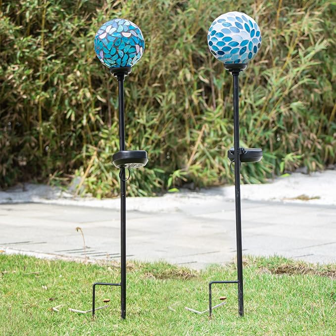 VCUTEKA Decorative Solar Garden Lights, 3.5" Mosaic Globe Stake 2 Pack | Mosaic Glass Design, Solar LED Light, Weather Resistant, Auto On/Off and Metal Stake Design for Lawn and Patio