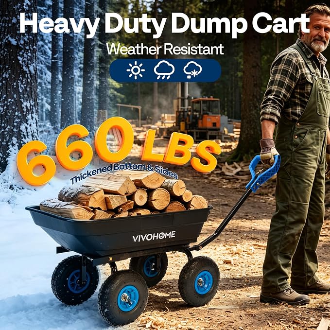 VIVOHOME 660lbs Wheelbarrow Dump Garden Cart with 2-in-1 Convertible Handle | Attach to ATV or Tractor, 10" All Terrain Wheels, Heavy Duty Utility Trailer for Yard