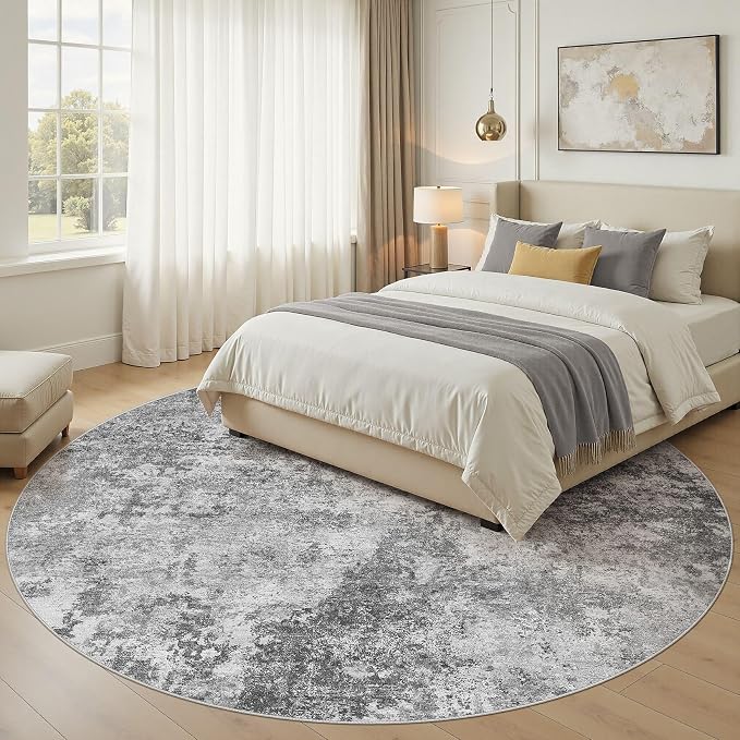 Nakagishi 8X8 Abstract Washable Area Rugs for Living Room-Grey | Modern Non-Slip Silicone Backing Low Pile Soft Carpet for Bedroom Dining Decor Ideal for Families with Kids and Pets