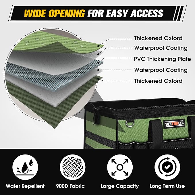 18-Inch Heavy Duty Tool Bag, 19-Pockets Tool Box Organizer, Portable Toolbag W/Soft Handle for Organized Storage, Mechanic Gifts for Men Dad Husband Fathers Day, Wide Mouth Electrician Toolbox, Green