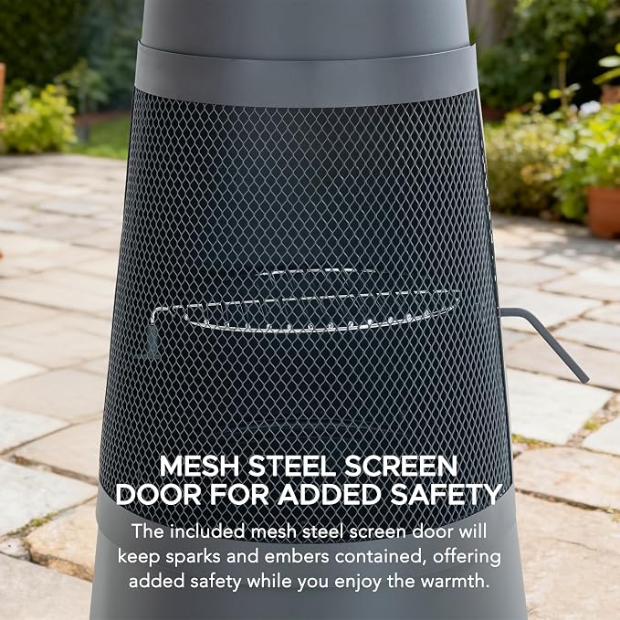 SUNJOY 2-in-1 Chiminea Fire Pit & Grill, 57" Tall Outdoor Fireplace with Removable Stainless Steel Grill Grate, Spark Screen & PVC Cover for Patio, Backyard, Cooking - Grey