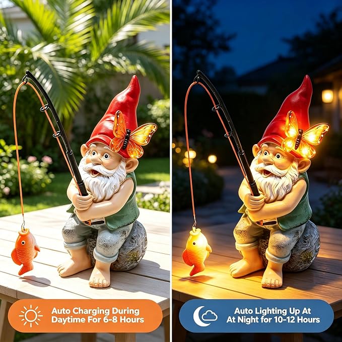 Fishing Gnome Garden Outdoor Statues, Solar Gnome with Butterfly Lights | Waterproof Gnomes Decorations for Yard, Birthday Gifts for Mom Women Christmas, Figurines Decor Patio Porch Lawn Ornaments
