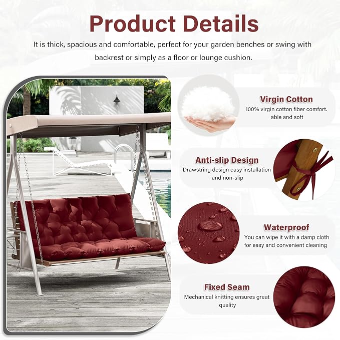 Porch Swing Cushion with Backrest,Waterproof Bench Cushion for Outdoor Furniture,2-3 Seater Replacement Thickened 5 in swing cushion,with Ties,Patio,Outdoor,Backyard and Garden (Burgundy,60x40 in)