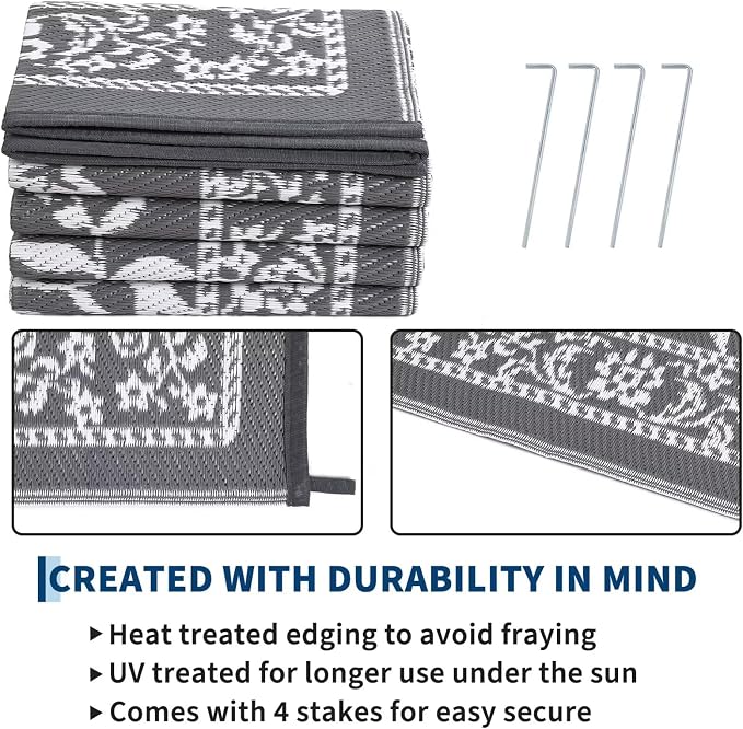 Garvee Outdoor Rug 8x10, Waterproof Reversible Foldable Plastic Straw Rug, Botanical cottagecore Outdoor Rugs Patio Camping RV Carpet for Deck Camper Porch Balcony Backyard Picnic Beach Grey