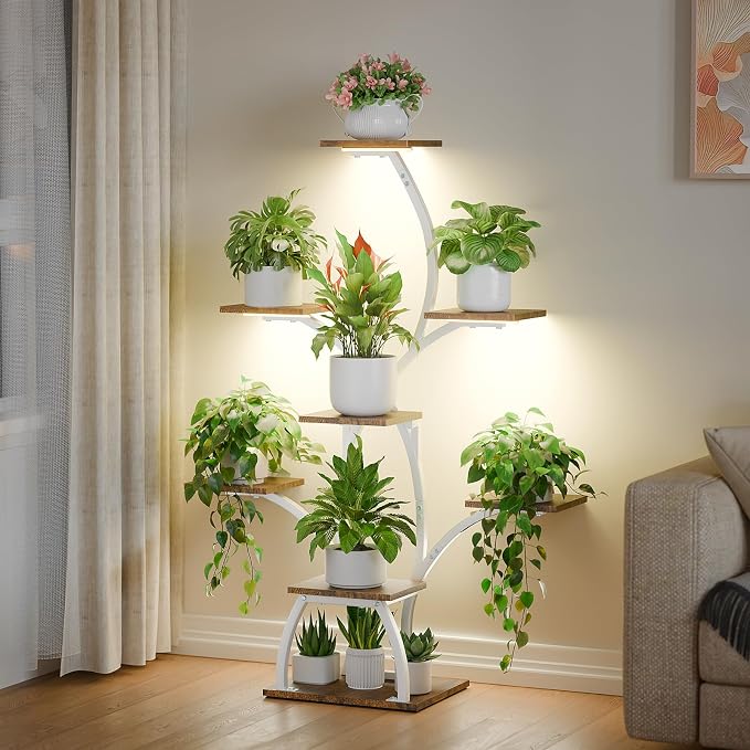 Plant Stand Indoor with Grow Lights, 6 Tiered Plant Shelf Indoor, 50" Corner Plant Stands for Indoor Plants, Lighted Tree-Shaped Plant Holder, Tall Flower Display Rack for Living Room, Patio（White)