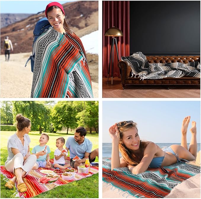 Haull 10 Pcs Large Mexican Blankets Bulk 51" x 71" Mexican Serape Blankets Yoga Authentic Throw Colorful Striped Falsa with Fringed for Outdoor Car Travel Camping Beach Picnic Patio Mat Towel