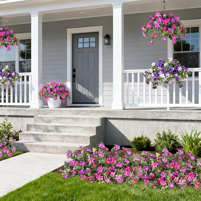 Ammyoo 4 Pcs Artificial Fake Petunia Flowers for Outdoor Decoration, Faux Silk Petunias Flower for Spring UV Resistant Realistic Plants for Garden Balcony Yard Porch Indoor Decor(Fuchsia Lotus)