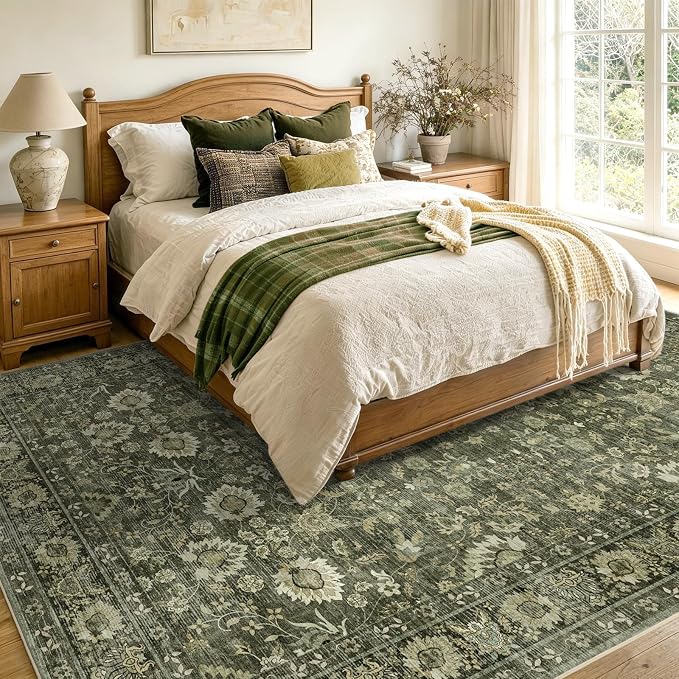 8x10 Ft Large Area Rugs for Living Room, Soft Non-Slip Machine Washable Rug, Vintage Stain Resistant Carpets for Bedroom Nursery Dining Room Home Decor (Green)