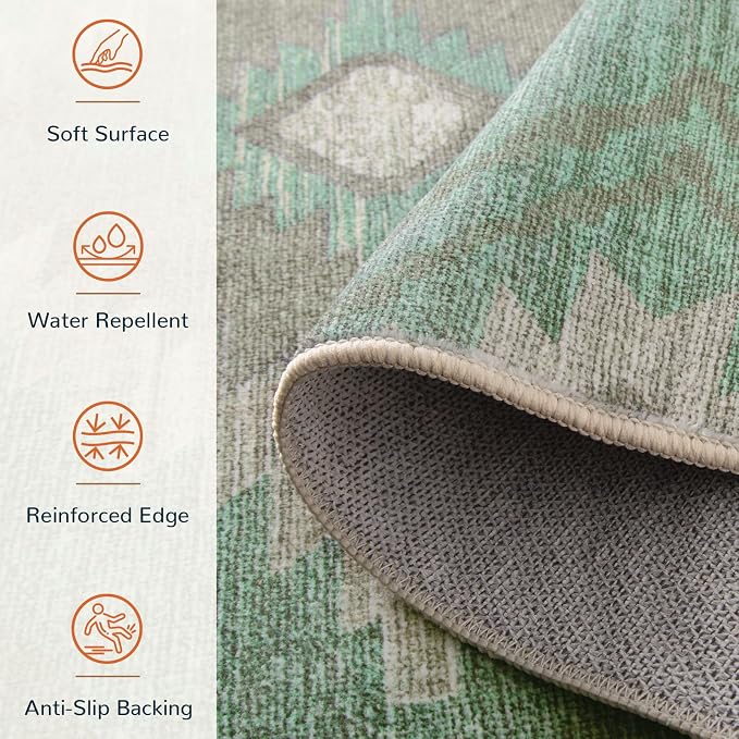 6'x9' Washable Area Rug for Living Room Bedroom Sage Green | Soft Western No Slip Low Pile Print Foldable Indoor for Kitchen Dining Room