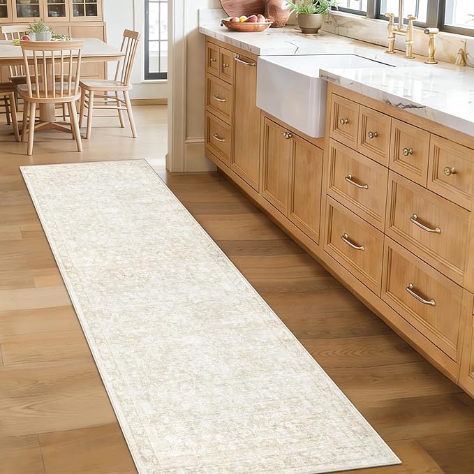 2x8 Hallway Runner Rug: Washable Vintage Floral Entryway Rugs Low Pile Non-Slip Boho Carpet for Kitchen, Bedroom, Bathroom, Dining Room (Beige, 2'x8')