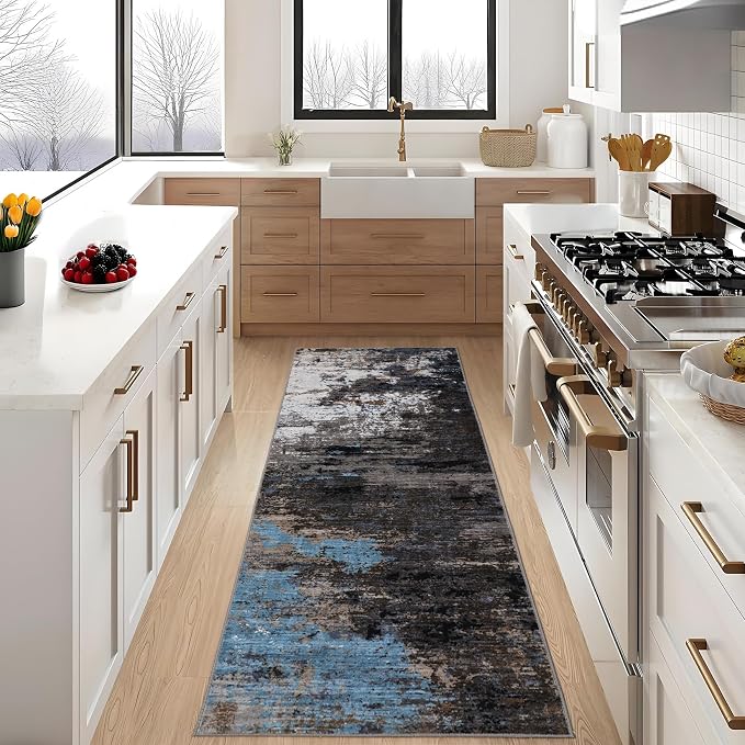 GarveeHome Machine Washable Runner Abstract Hallway Rugs 2x6 Grey Brown | Non-Slip Backing, Stain-Resistant Low Pile Floor Cover, Colorful Indoor Mat, Bedroom, Kitchen, Laundry