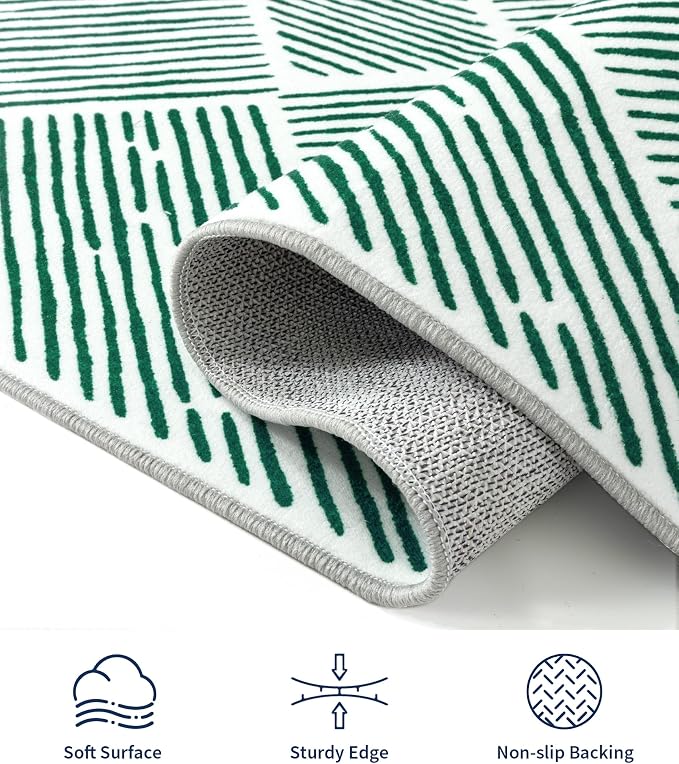 5‘x7' Washable Mid Century Modern Green Area Rug for Living Room | Non-Slip, Soft, Low Pile, Stain Resistant, Modern Geometric Stripe Rug for Bedroom Dining Room