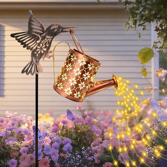 Solar Watering Can with Cascading Lights Outdoor Garden Decor, Bronze Hummingbird Gardening Gifts for Women Mom Grandma Birthday, Solar Lights for Garden Decorations Patio Yard Lawn Backyard