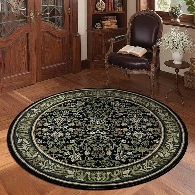 GarveeHome Round Rugs 6ft Washable Circle Rug for Living Room, Green Black | Boho Vintage Non Slip Soft Low Pile Stain Resistant Indoor Carpet for Bedroom Dining Room Kitchen Entryway Office