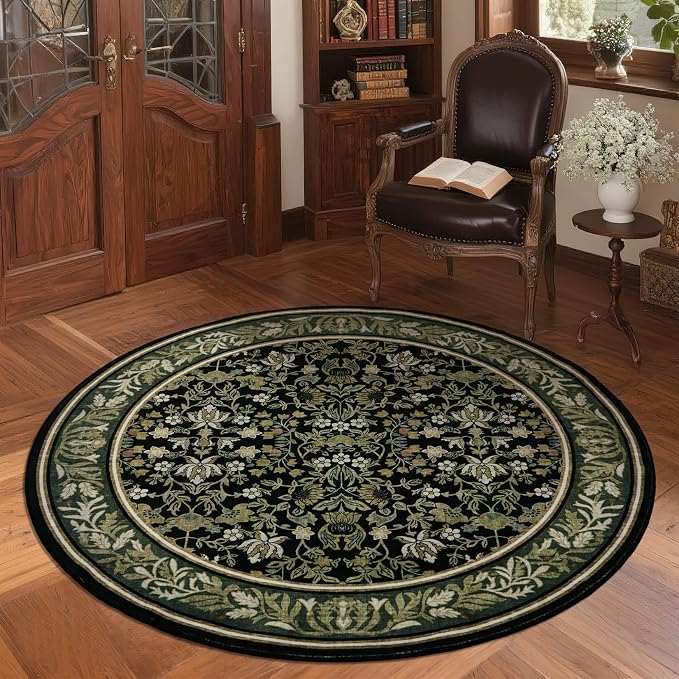 GarveeHome Round Rugs 4ft Washable Circle Rug for Living Room, Green Black | Boho Vintage Non Slip Soft Low Pile Stain Resistant Indoor Carpet for Bedroom Dining Room Kitchen Entryway Office