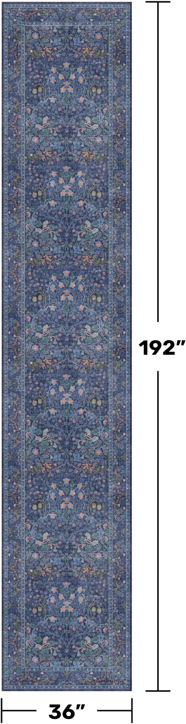 Vintage 3x16 Wide Hallway Runner Rug Non Slip, Ultra Thin Large Kitchen Indoor Floor Rugs for Entryway Hall Way, Soft Stain Resistant Low Pile Blue Floral Carpet