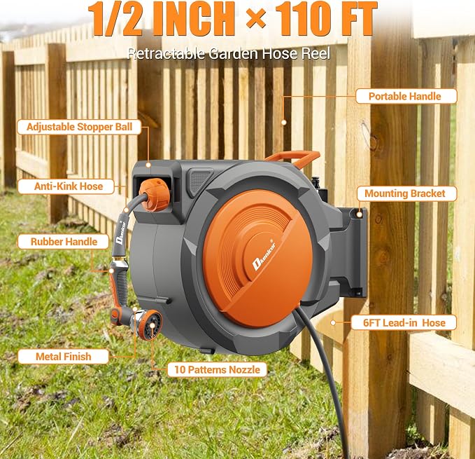 1/2" × 110 ft Retractable Hose Reel, Heavy Duty Retractable Garden Hose Reel Wall Mounted with 10-Pattern Hose Nozzle/Any Length Lock/Slow Return System/180°Swivel Bracket, Orange