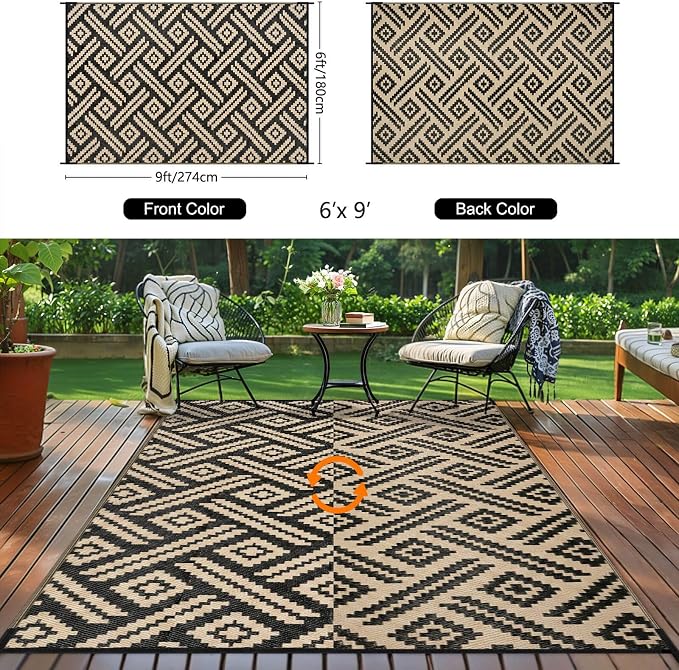 Outdoor Patio Plastic Straw Rug - 6x9 ft Outdoor Camping Rug Waterproof Reversible, Area Carpet Patios RV, Outside Porch Balcony Deck for Camper, Moden Black Beige