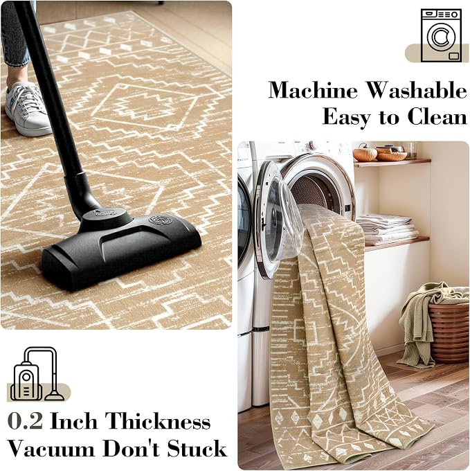 Wonnitar Moroccan Washable Rug 3x5, Non-Slip Entryway Area Rug, Soft Farmhouse Bedroom Throw Mat, Geometric Low Pile Scandinavian Accent Carpet for Entry Kitchen Basement (Kakhi,3'x5')
