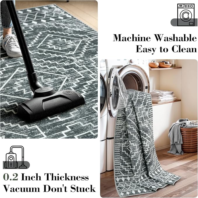 Wonnitar Washable Kitchen Runner Rug 2x6, Moroccan Grey Runners for Hallway, Non Slip Bohemian Soft Bathroom Throw Mat Geometric Carpet Runner for Laundry Entryway Bedroom (Dark Grey,2'x6')