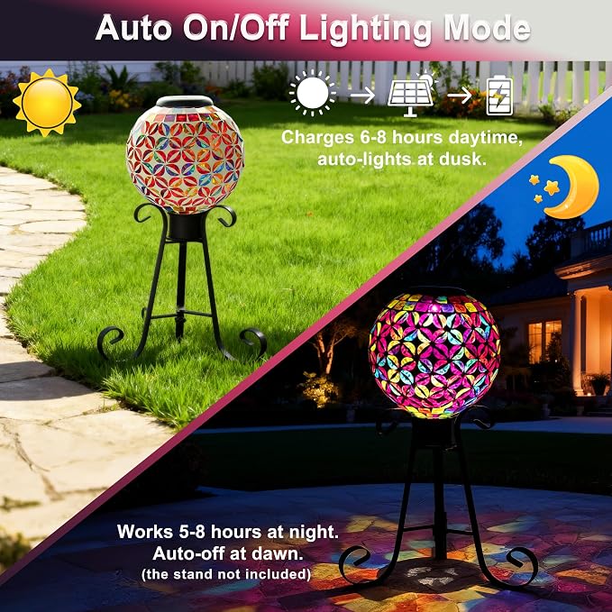 VOREEN 8” Solar Mosaic Garden Ball, Colorful Glass Outdoor Globe with Solar Light, IP44 Waterproof Yard Decor Sphere for Patio Lawn Pathway, All-Weather, Auto On/Off
