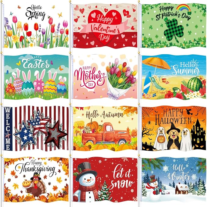 SmoothNovelty 12 Pcs Seasonal Garden Flag 3 x 5 ft Yard Flags for Outside Double Sided Holiday Banner with Grommets for Spring Summer 4th of July Outdoor Banner Decorations(Fashion)